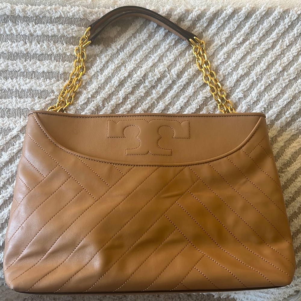 Tory Burch Brown Quilted Shoulder Bag with Gold Chain